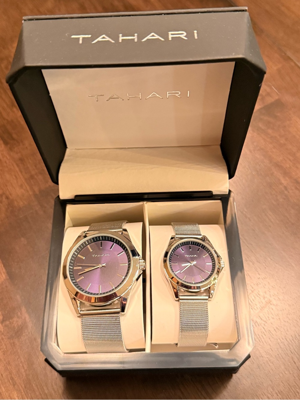 NIB Tahari -Watch Set Silver Mesh Mesh Band Purple Sunburst Dials His & Hers